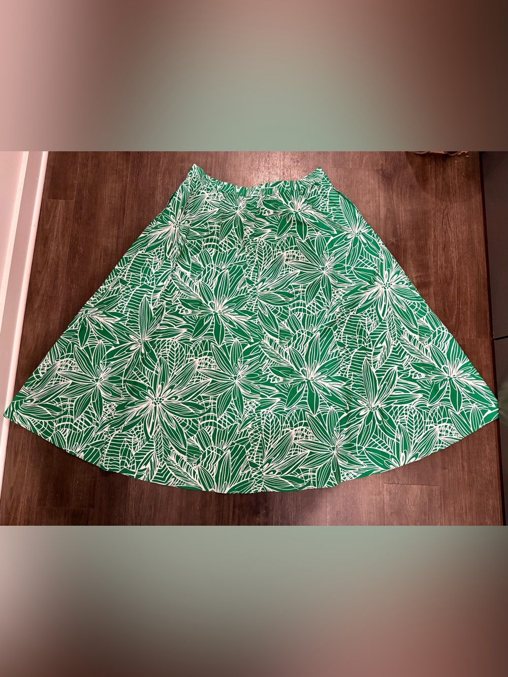 Green Floral Circle Skirt with White Botanical Print